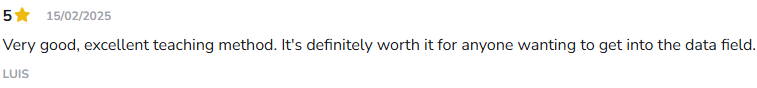 Screenshot of a 5-star Hotmart student review by Luis, dated 15/02/2025
