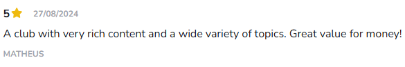 Screenshot of a 5-star Hotmart student review by Matheus, dated 27/08/2024